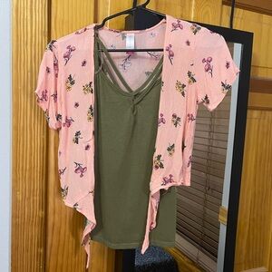 No Boundaries Pink and Green Tie Front Blouse